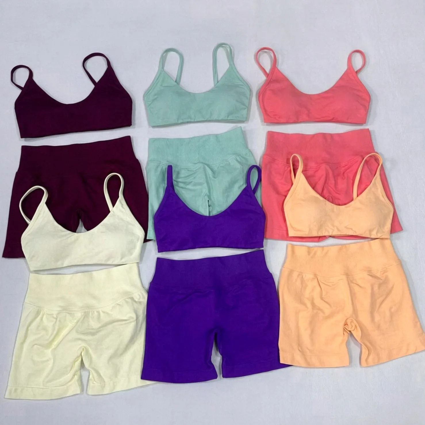 NO LOGO 3-pc Set For Women Scoop Neck Sports Bra +Vest +Scrunch Waist Yoga Shorts Fitness Workout Set Gym Clothes Active Wear