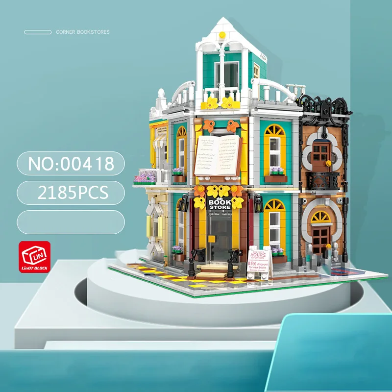 

Creative City Street View Corner Bookstore Mini Block Streetscape Model MOC Building Bricks Figures Assemble Toys For GIfts