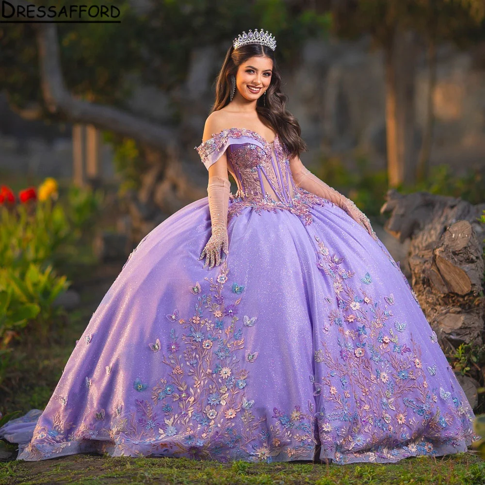 Meksiko ungu dari gaun pesta bahu gaun Quinceanera untuk anak perempuan applique gaun pesta 3D bunga manis 16 Robe De Bal