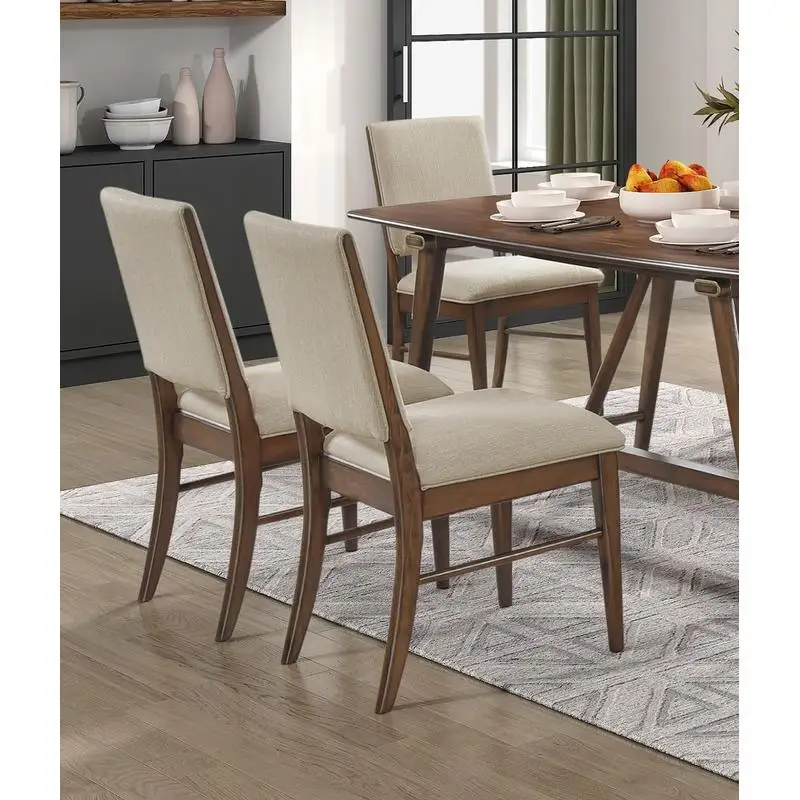 Moderne 5-delige eetset met tafel en 4 gestoffeerde bijzetstoelen, houten meubilair met bruine afwerking voor keuken en eetkamer