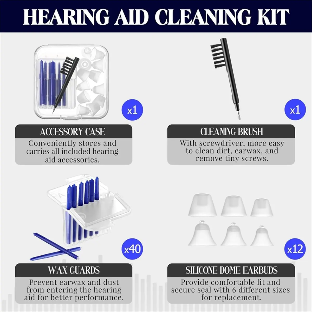 STOCK-1set Hearing Amplifier Cleaning Tools,for Audien Hearing Aid Kit Includes 6 Sizes Silicone Dome, Cleaning Brush Tool