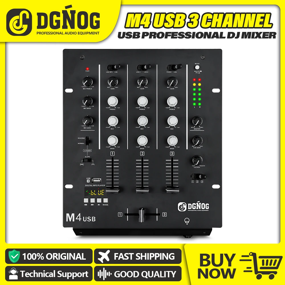 DGNOG M4 USB 3-Channel DJ Scratch Mixer with Built-In Audio Interface 3-Band EQ Microphone Input and Replaceable Crossfader