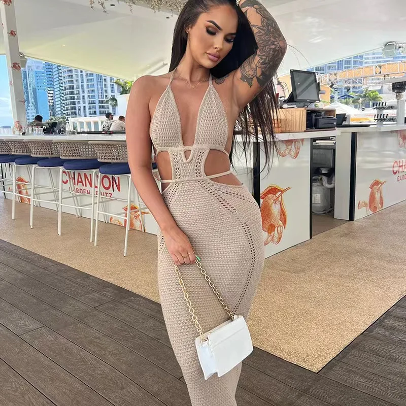 NEW Women Halter Long Dress Sexy Hollow Out Open Back Sleeveless Backless Knit Beach Dress Slim Fit Clubwear