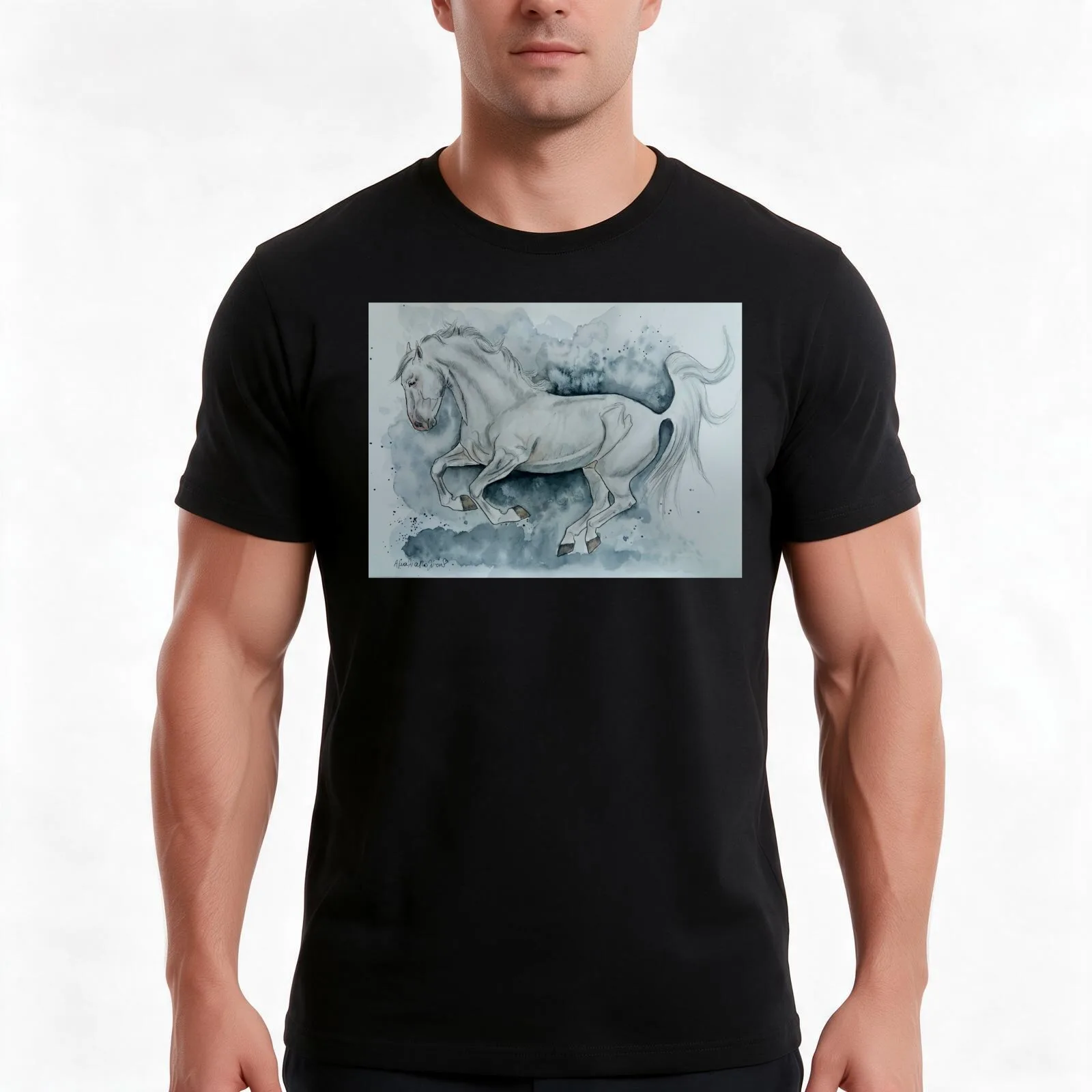 White lipizzaner stallion illustration T-Shirt, Summer Casual Cotton Tee, Oversized Streetwear Tops, Vintage Graphic Print