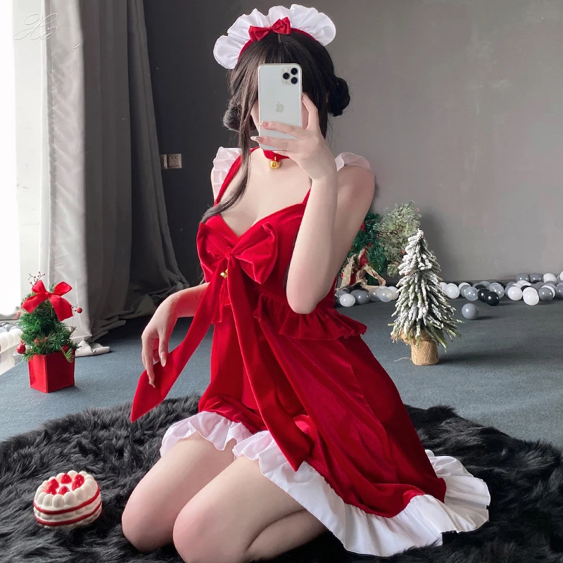 女性のためのセクシーなクリスマスドレス、コスプレメイドスカート、ハロウィーンの衣装、ブラの一時停止された帽子セット、女性の赤い服