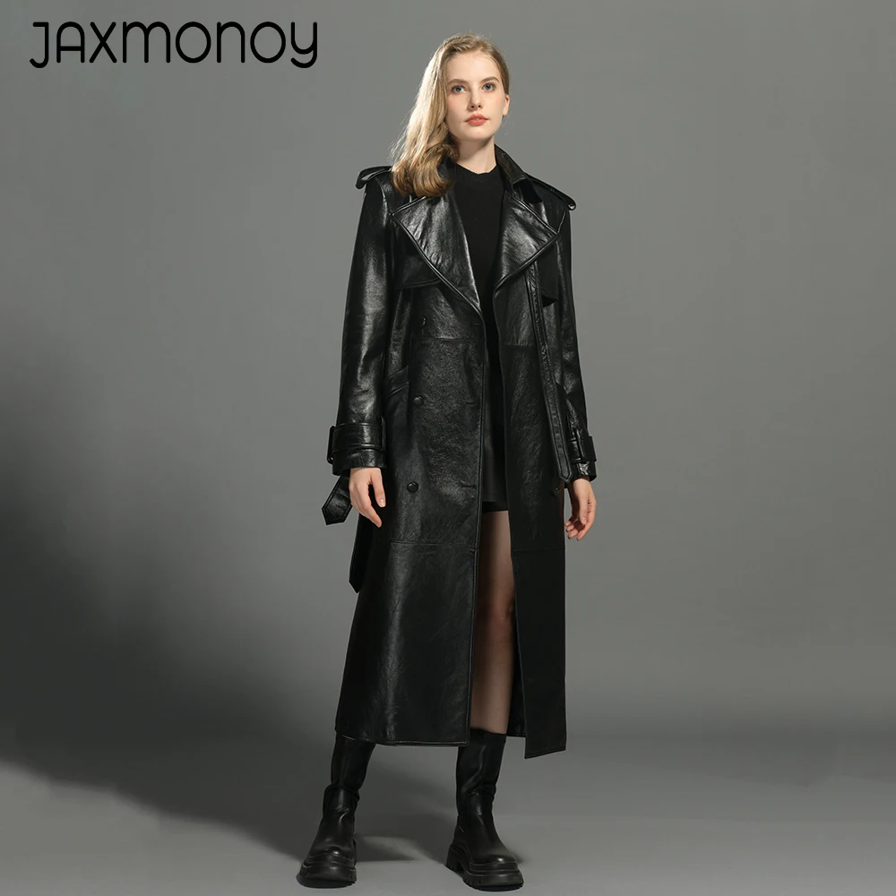 Jaxmonoy Dames Echte Leren Lange Jassen Dames Herfst High-End Schapenvacht Mode Echt Lederen Trenchcoats Nieuwe Aankomst