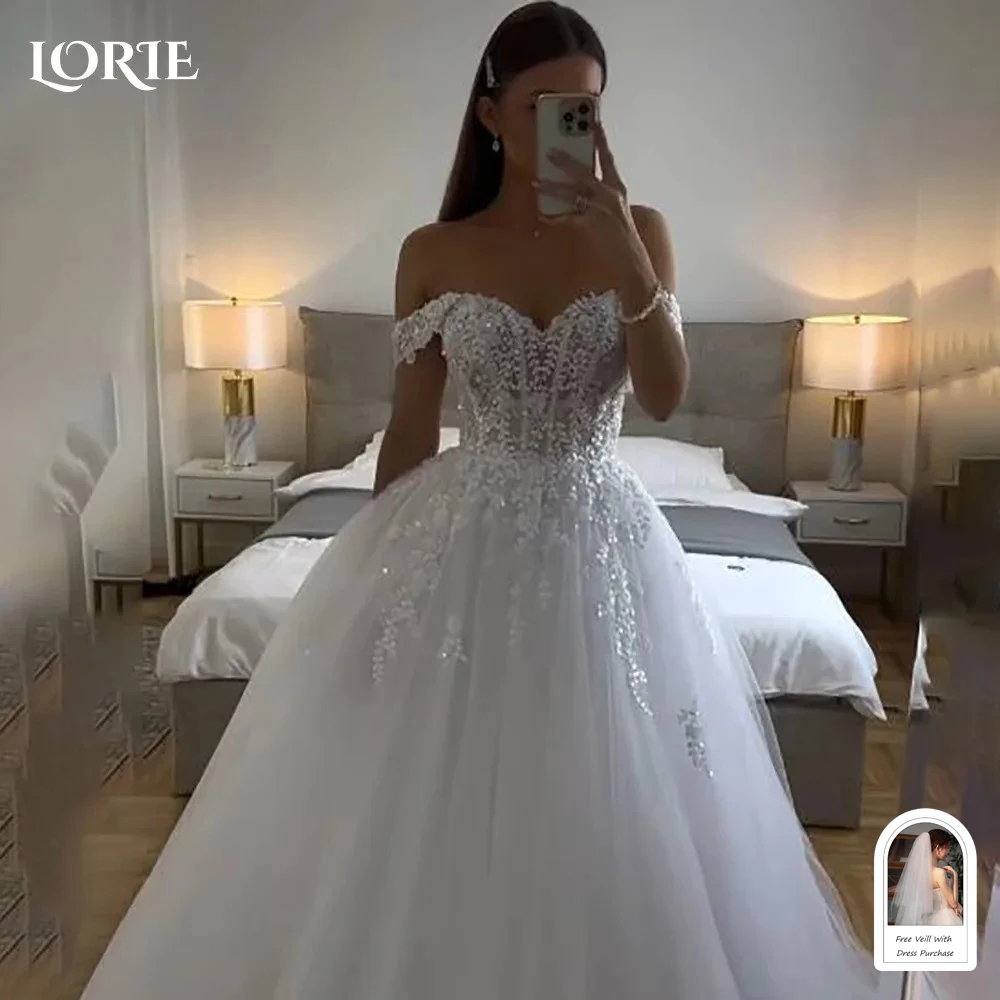 LORIE Vintage Glitter Lace Wedding Dress A-Line Shiny Off Shoulder Sweetheart Bridal Gown Princess Sparkly Bride Gown Customized