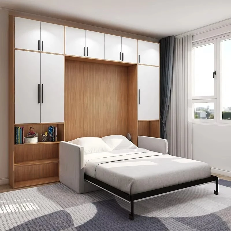

Space-saving furniture: two-seater sofa, vertically tilting queen bed with cabinet bookcase