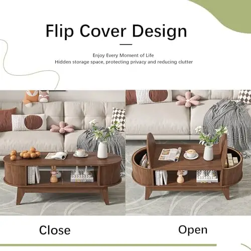 Tavolino ribaltabile con contenitore, tavolo centrale moderno in legno (noce)