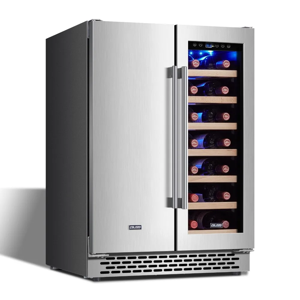 Nevera de vino de 24 pulgadas con Control de temperatura Digital de doble zona, puertas delanteras de vidrio e iluminación Interior, sostiene 18 botellas y 57 latas