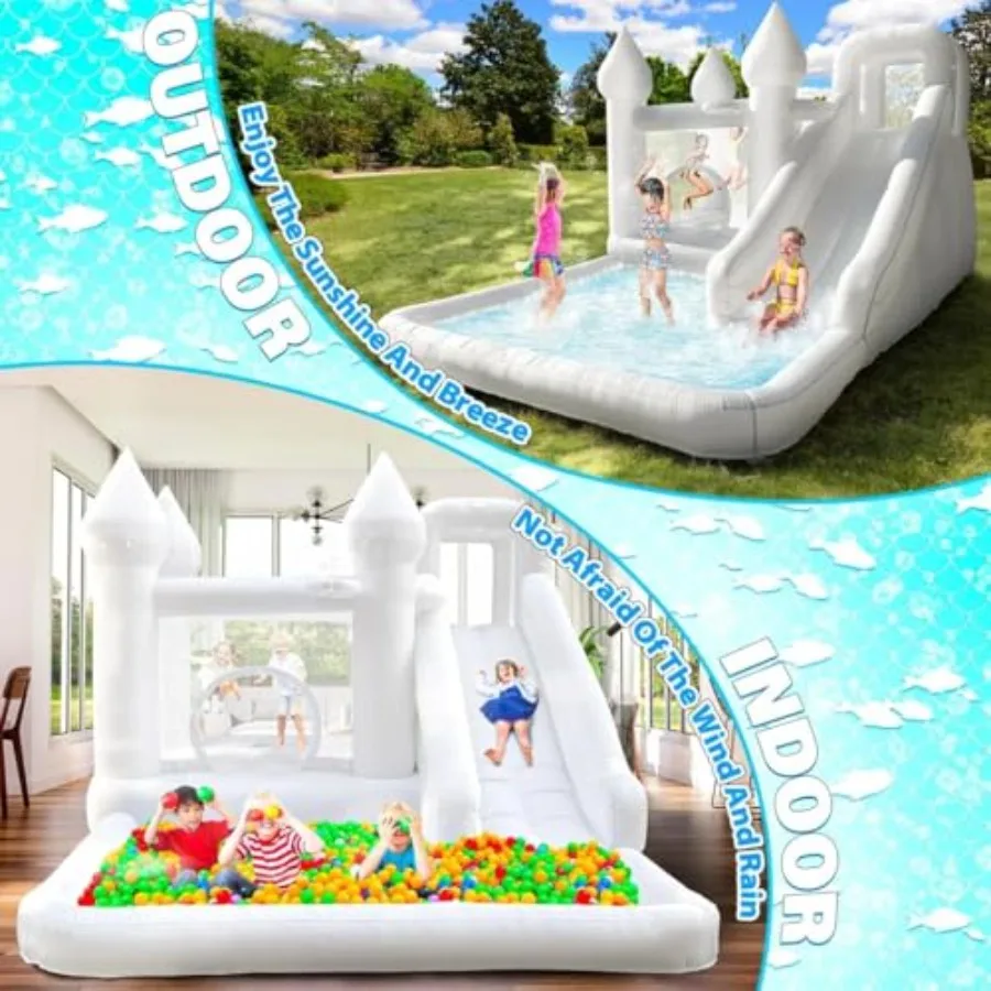 14ft Inflatable Water Slide Bounce House, Oxford Water Slide with Slide and Ball Pool/Pit, White Bounce House with Air Blower f