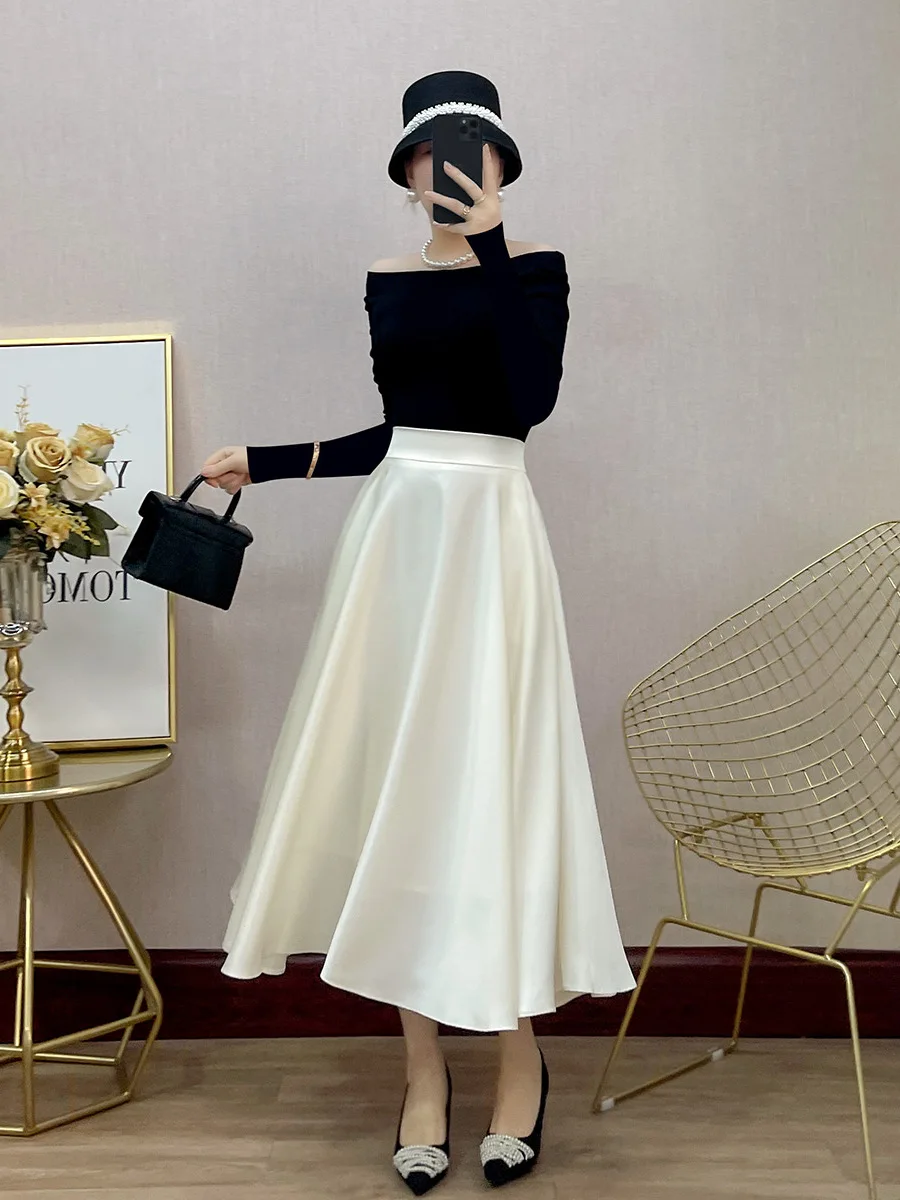 

Early Autumn Faion Acetate White ter Ne Long Sve T-irt And High Waist Skirt Two-Piece Set Ele And Chic Women'...