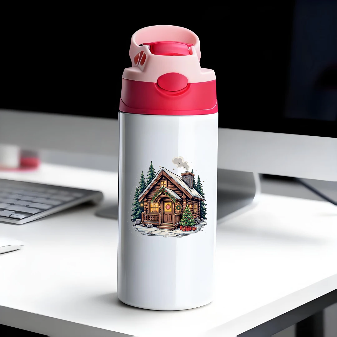 

304 stainless steel thermal cup + cartoon cottage design + child-friendly straw cup + holiday themed - Christmas gift essential