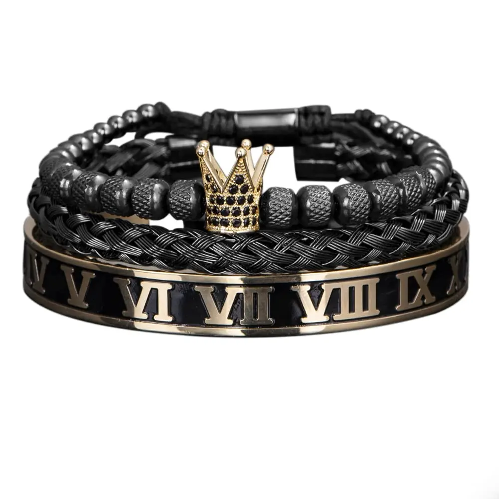 

Luxury Crown Handmade Men Enamel Roman Numeral Bangles Hemp Rope Buckle Open Stainless Steel Micro Pave CZ Luxury Jewelry