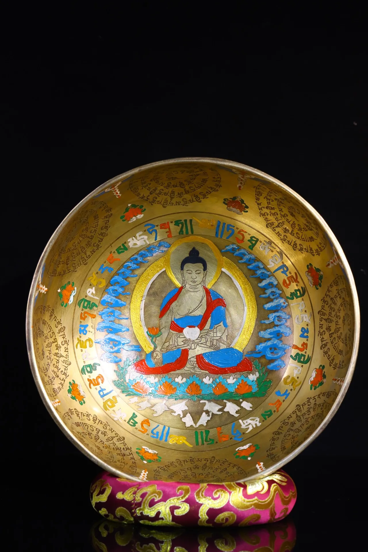 

10"Tibetan Temple Collection Old Bronze Painted Gem Buddha Sound Bowl Medicine Buddha Buddhist Prayer Bowl Amitabh Amulet Dharma