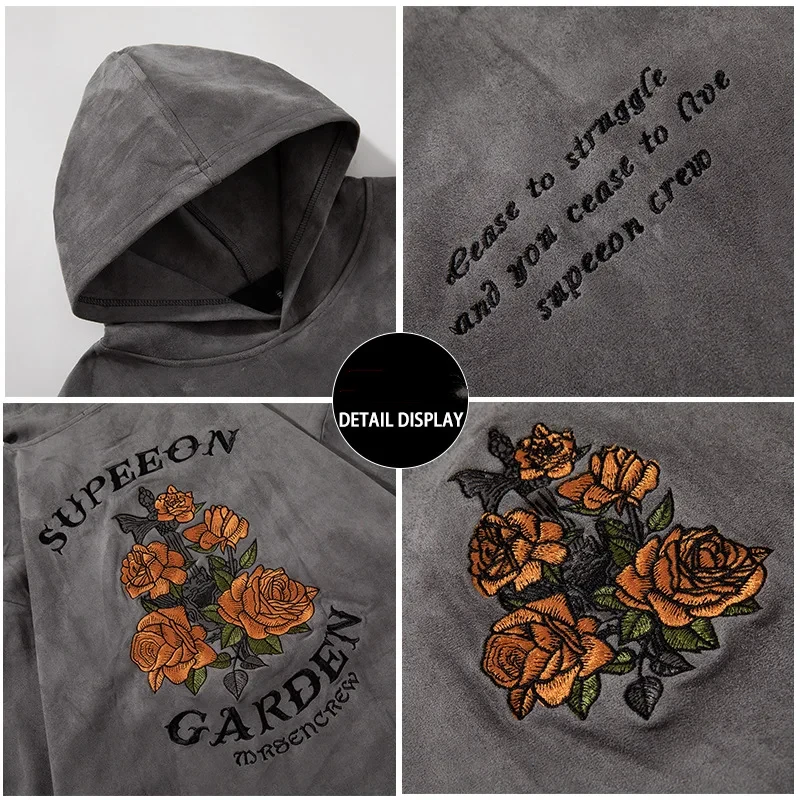 Japanese Flowers Embroidery Suede Hoodies Men Autumn Winter Oversized Hoodies Streetwear Y2k Pullover Hoodie Sweatshirts Women