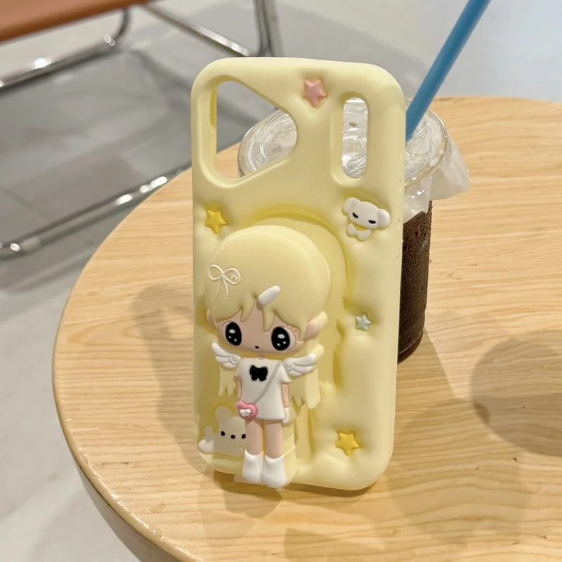 Kawaii 3D Angel Girl Silicone Phone Case for iPhone 18 17 16 15 14 13 12 Pro Max Cute Cartoon Korea Fashion Protective Cover