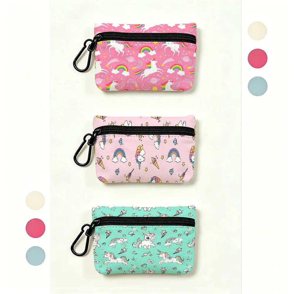 Cute Rainbow Unicorn Lightweight Oxford Fabric Coin Purse Carabiner Hook Design Mini Card Key Organizer Bag
