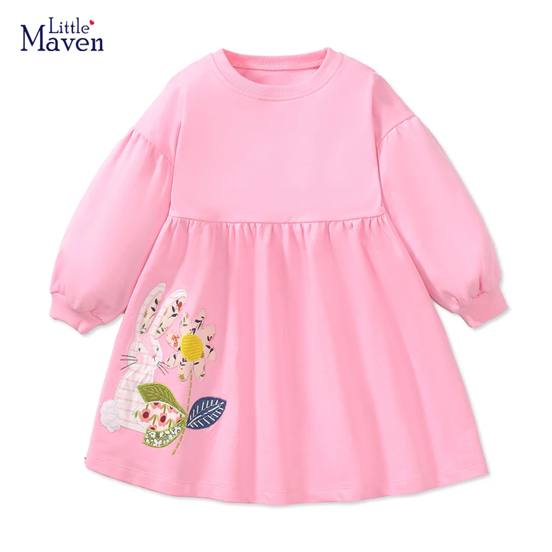 Little maven Dress for Kids Autumn Clothes Children\'s Clothing Cartoon Embroidered Rabbit Long Sleeves Casual Dress Spring