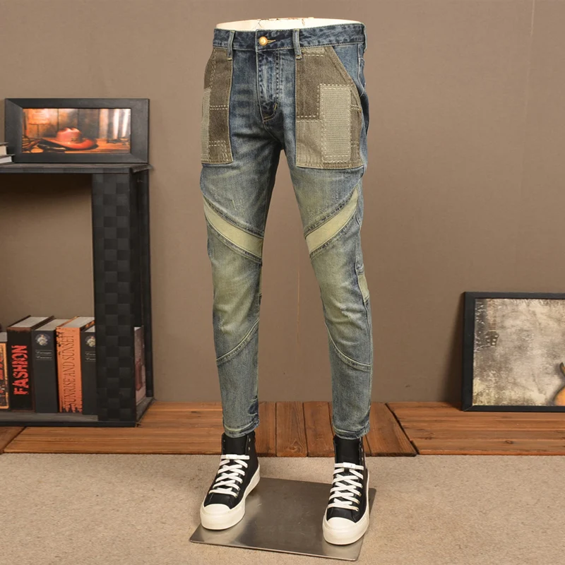 Jeans azul retrô lavado masculino, jeans rasgado fit, calça jeans remendada, estilista emendado, hip hop, moda de rua