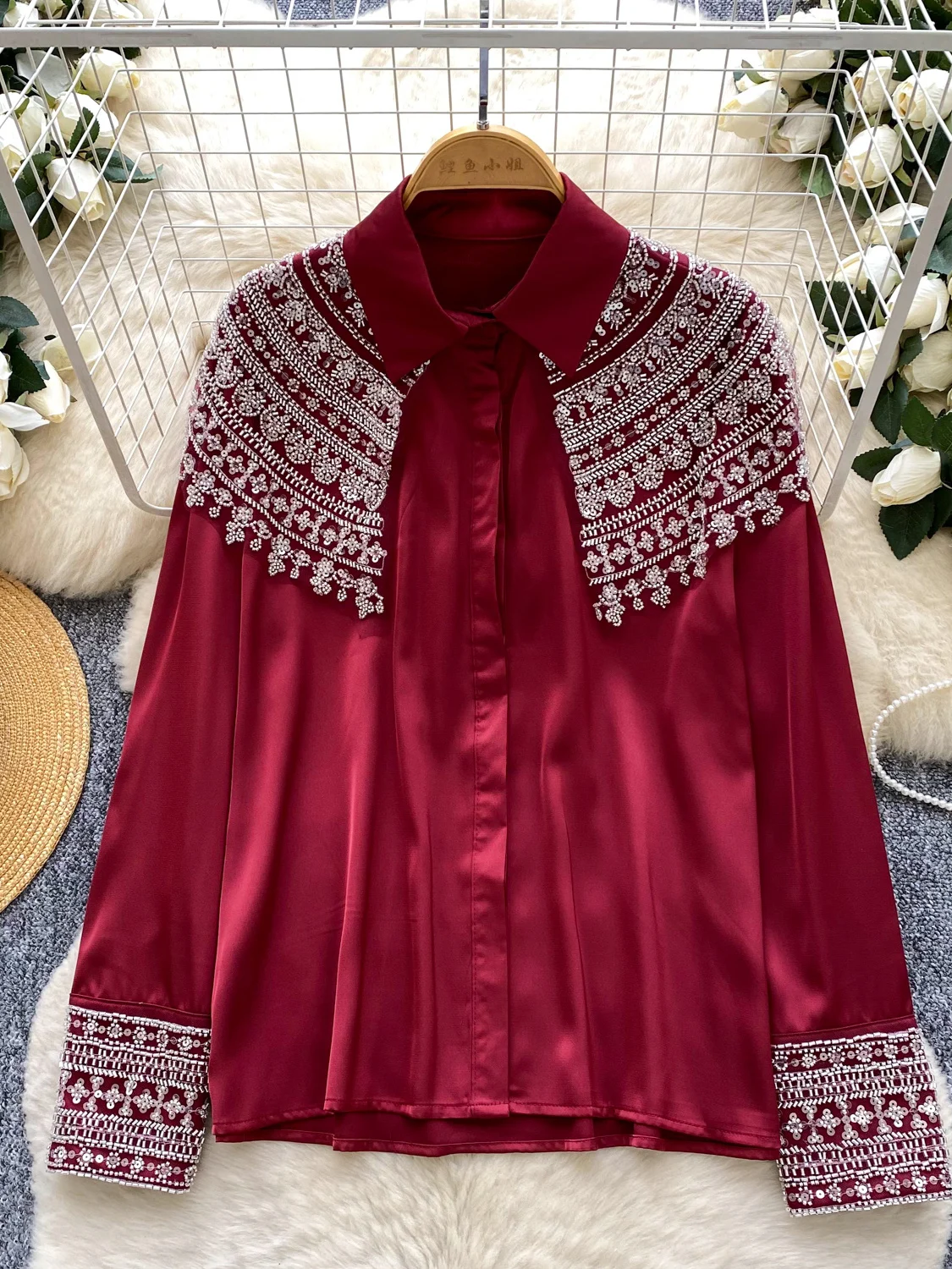 

Ele Long Sve irt Women's Premium Sensation Sequin Embroidery Heavy Work Satin Blend Commute Sle Korean Loose Fit