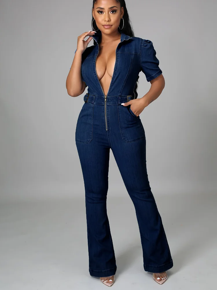 2023 New Turndown Collar Denim Zippered Pocket Design Jumpsuit One Fashion Casual Pieces for Women Elegant Female