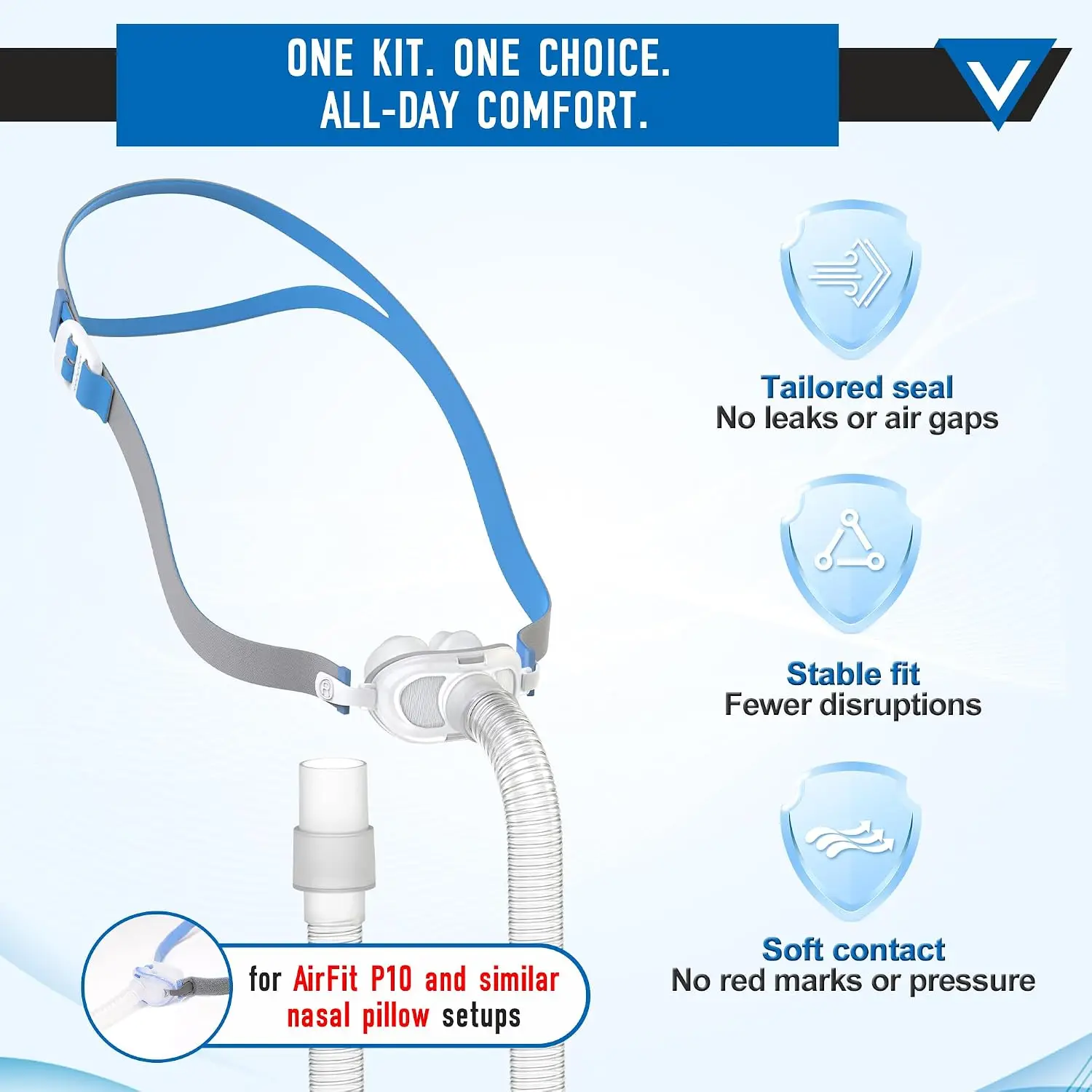 Compatible with P10 Nasal Pillow CPAP Mask Complete Kit, Includes Frame, Headgear, Tubing & S/M/L 3‑Size Silicone Pillow Cushion view 4