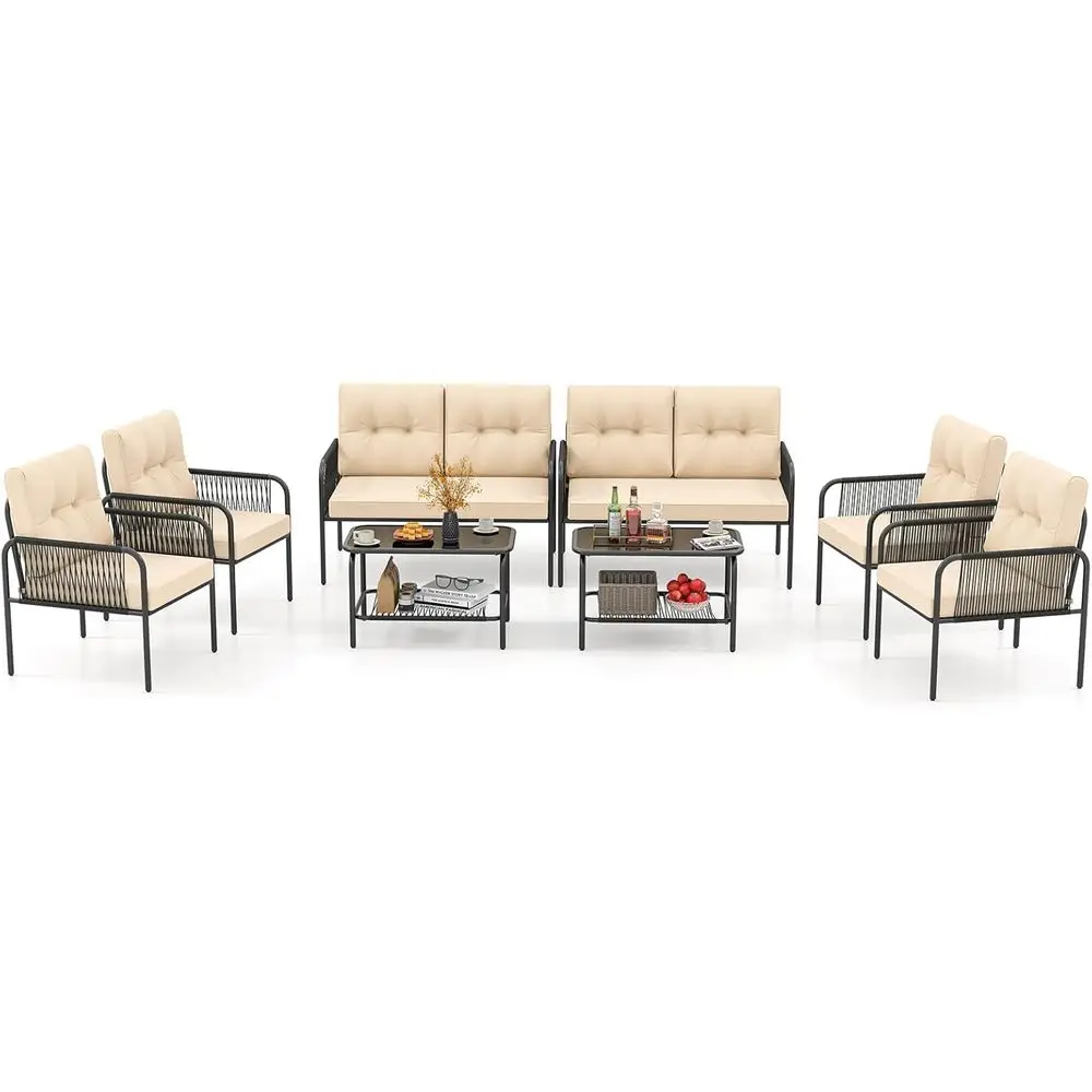 

8-Piece Outdoor Patio Furniture Set: PE Rattan Sofa Chairs, Loveseat, Tempered Glass Coffee Table, and Seat Cushions for Porch,