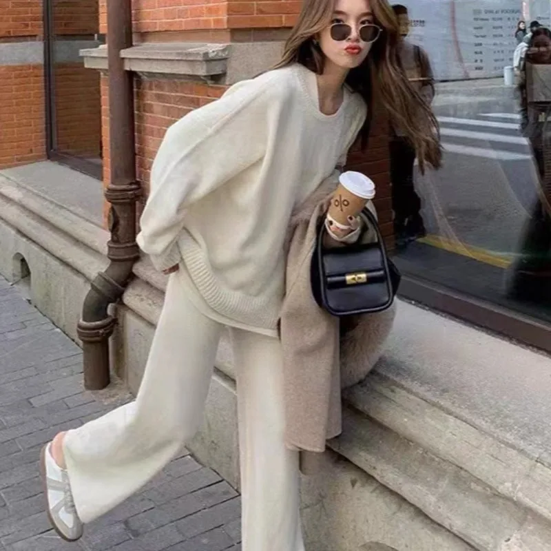 Chic Pants Sets Women Knitted Two Piece Set Daily Solid O-Neck Pullover Long Loose Elastic Waist Knitted Pant Autumn Winter