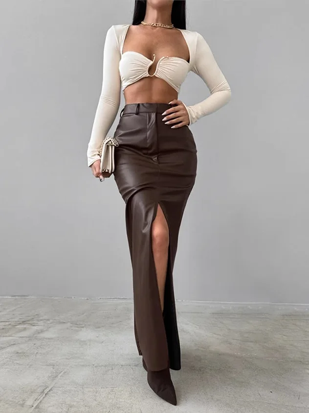 

High Waist Pure Color Slit Skirt Women's Slim Fit Midi Skirt Street Sle Mid-Length Straight Cut Skirt Summer Collection
