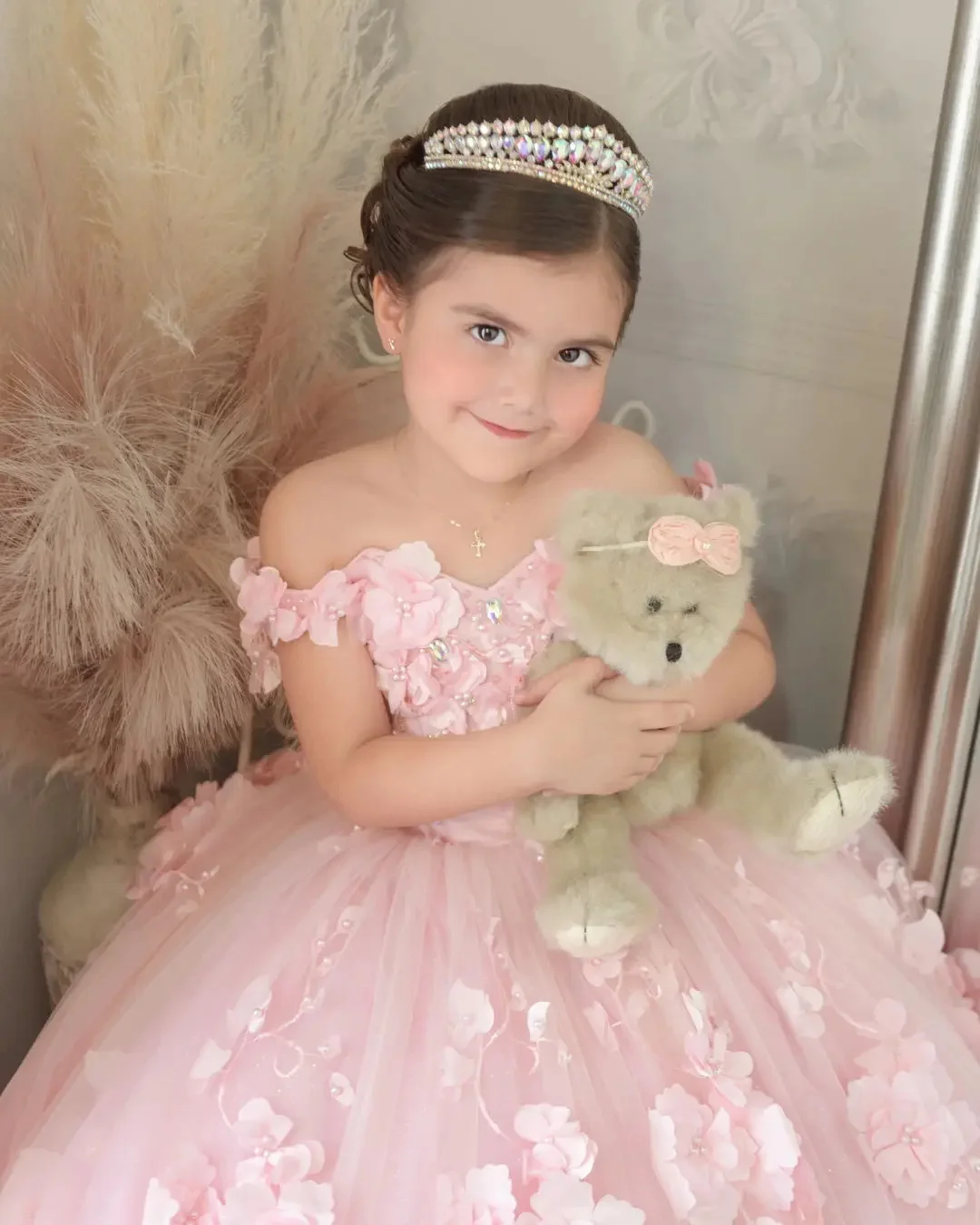 Vestido de tul hinchado para niña de las flores, apliques 3d, perlas rosas de lujo, vestido de princesa para fiesta de cumpleaños, vestidos de baile, 2024