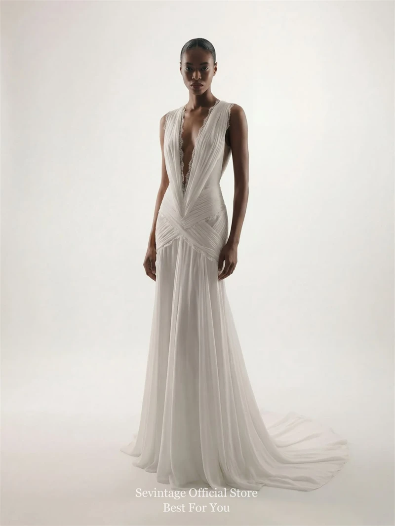 Sevintage Bohemian Chiffon Wedding Dresses Dark V-Neck Sleeveless Bridal Gowns Backless Pleated Lace A-Line Wedding Gowns Custom image 2