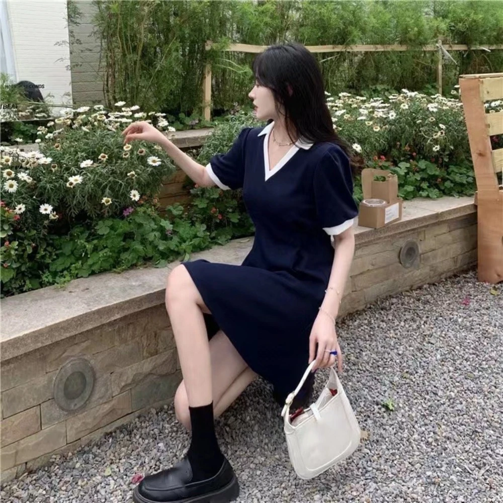 أزياء الأزرق ألف خط فستان قصير سليم صالح المرقعة فستان قصير أنيق الخامس الرقبة بسيط عالية الخصر فستان عطلة