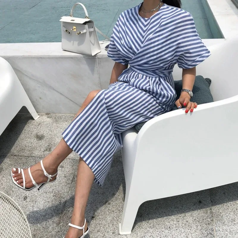 2023 Sprig and Summer New Fashion Striped Cross Bandage Dress Cotton Blue Split Bodycon Plus Size New Robe Vestidos Femme Dress