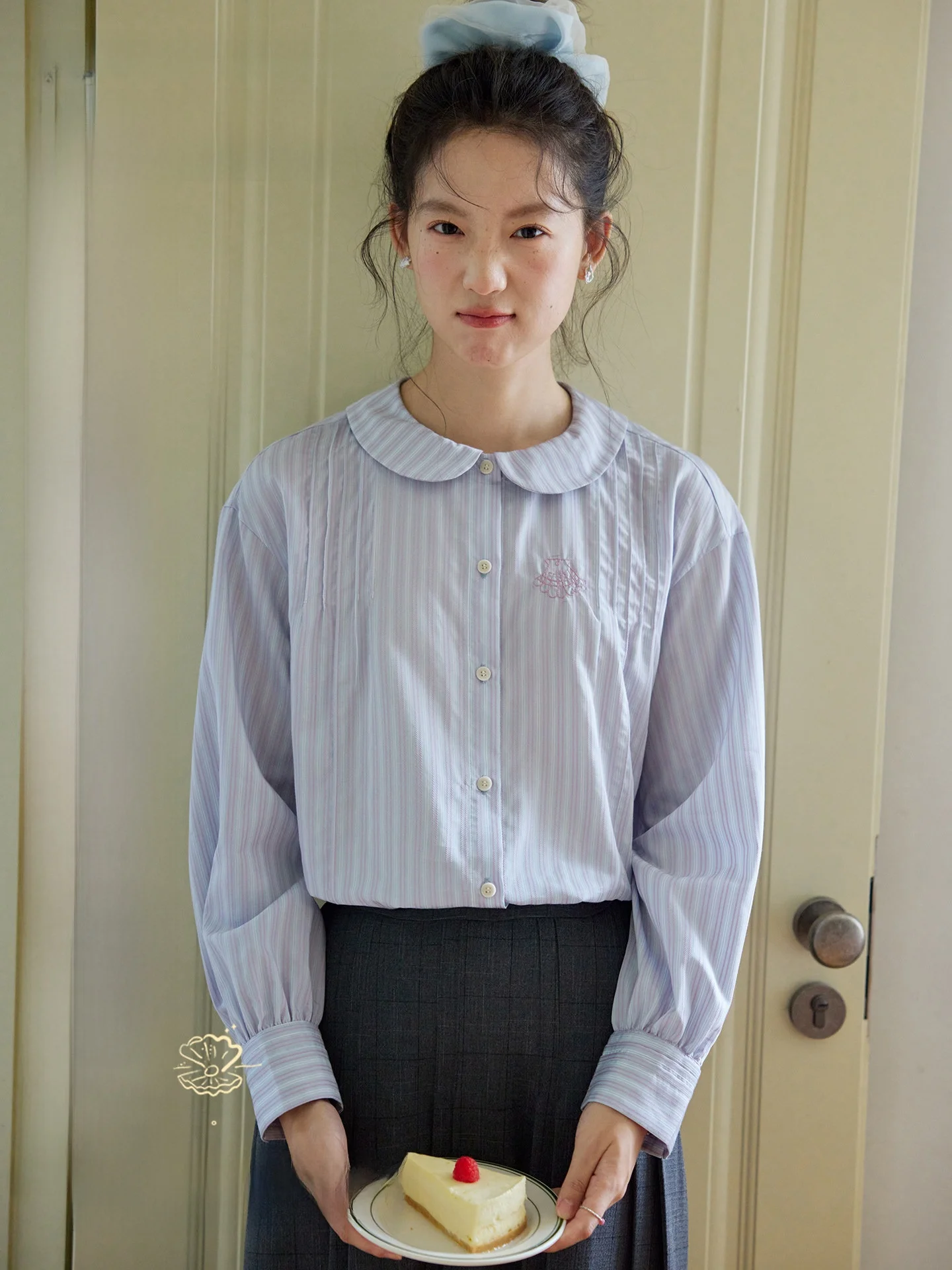 

Женская рубашка Nov Et Eleven с воротником-стойкой, плиссировкой, длинными рукавами, в полоску, винтажная, свободного кроя, с вышивкой, для омоложения образа