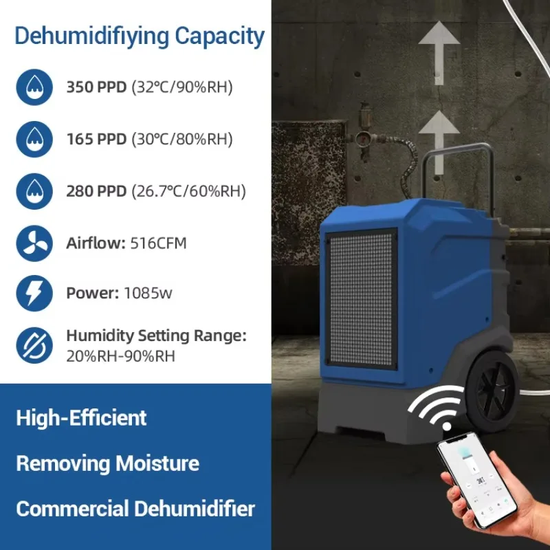 LGR 165 Pints แบบพกพาเครื่องลดความชื้นชั้นใต้ดินเสียหายจากน้ําสําหรับการบูรณะ