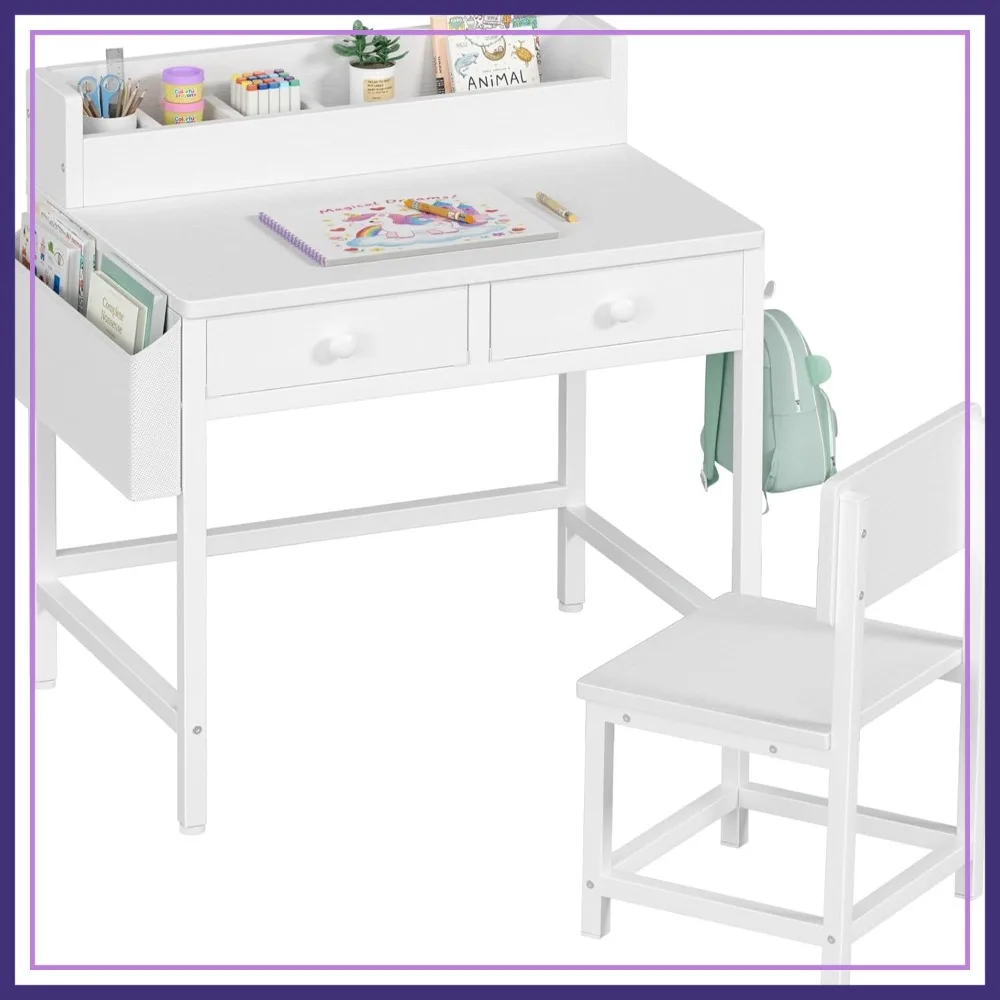 

White Kids Desk and Chair Set for 5-8 Year Old, Small Child Desk with Fabric Drawer, Study Table Storage for Boys Girls