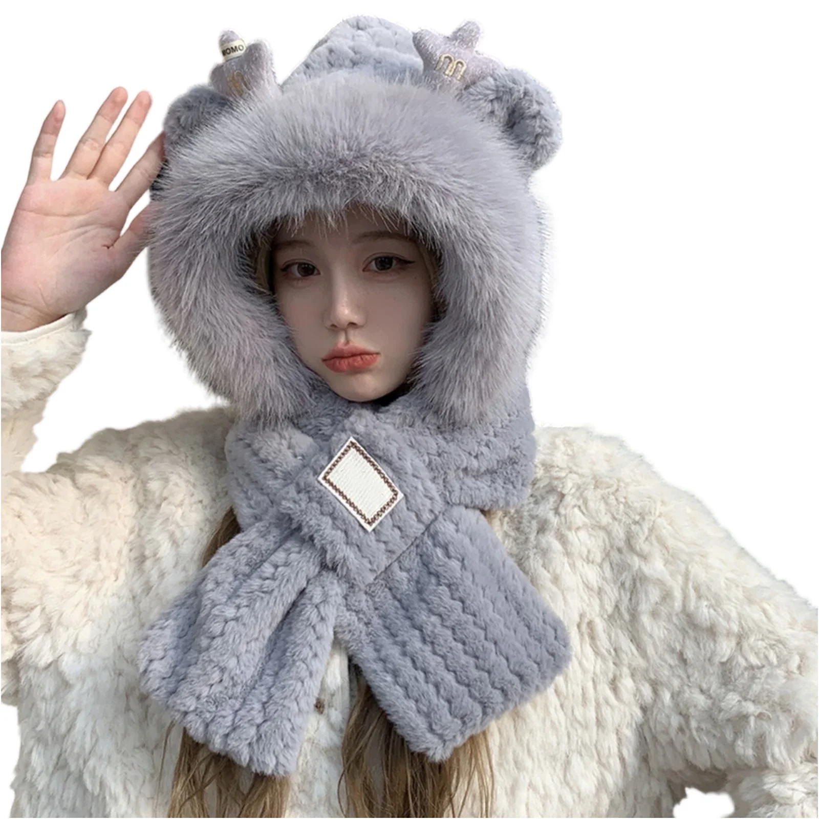 جميل الشتاء قبعة تدفئة وشاح مجموعة النساء فو الفراء قبعة الشتاء الدافئة الوالدين الرقبة دائرة وشاح تزلج الثلوج قبعة قبعة محبوك قبعات الرأس #4