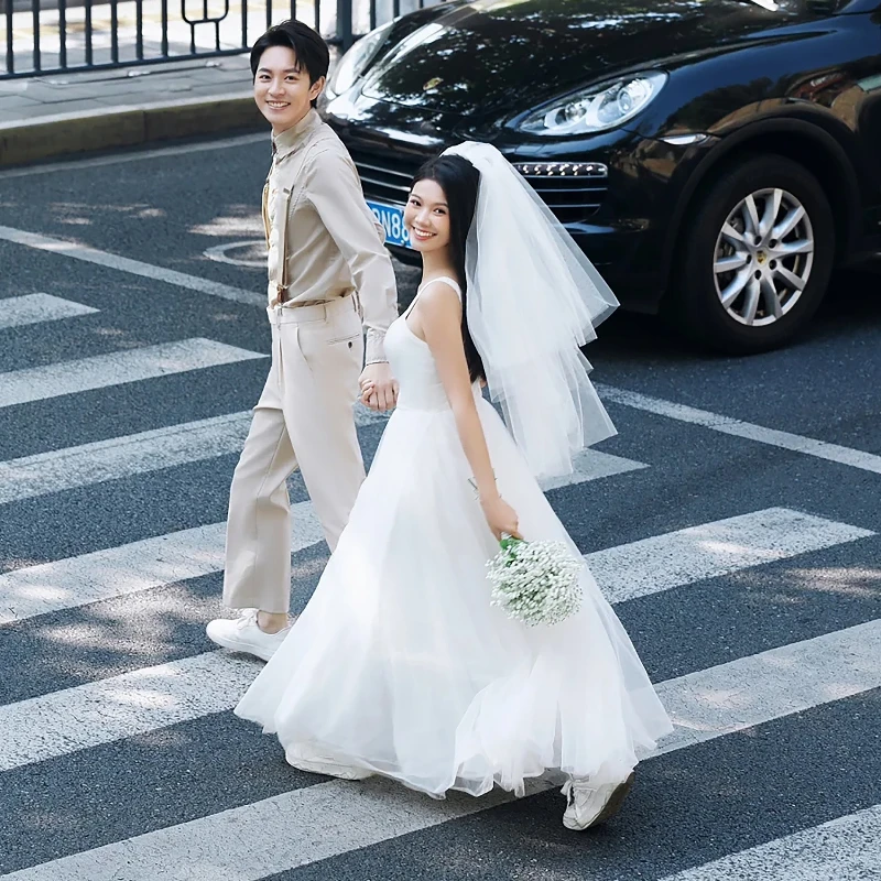 Vestidos de novia elegantes hasta el tobillo para mujer, vestido de novia de tul con corte en A, tirantes finos simples, vestidos de fiesta, vestido de noche