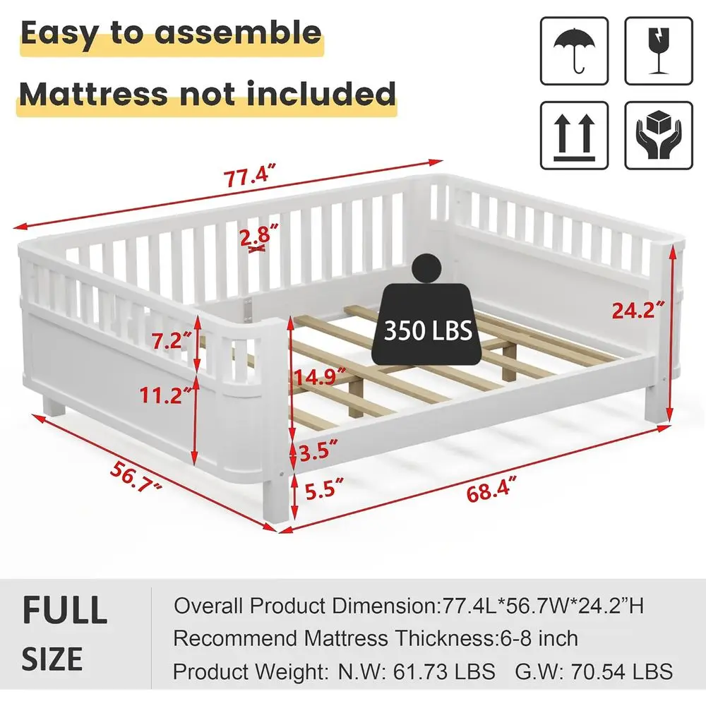 سرير أطفال مونتيسوري بالحجم الكامل مع قضبان، شرائح خشبية، سرير نهاري حديث منخفض للأولاد والبنات، أبيض #2