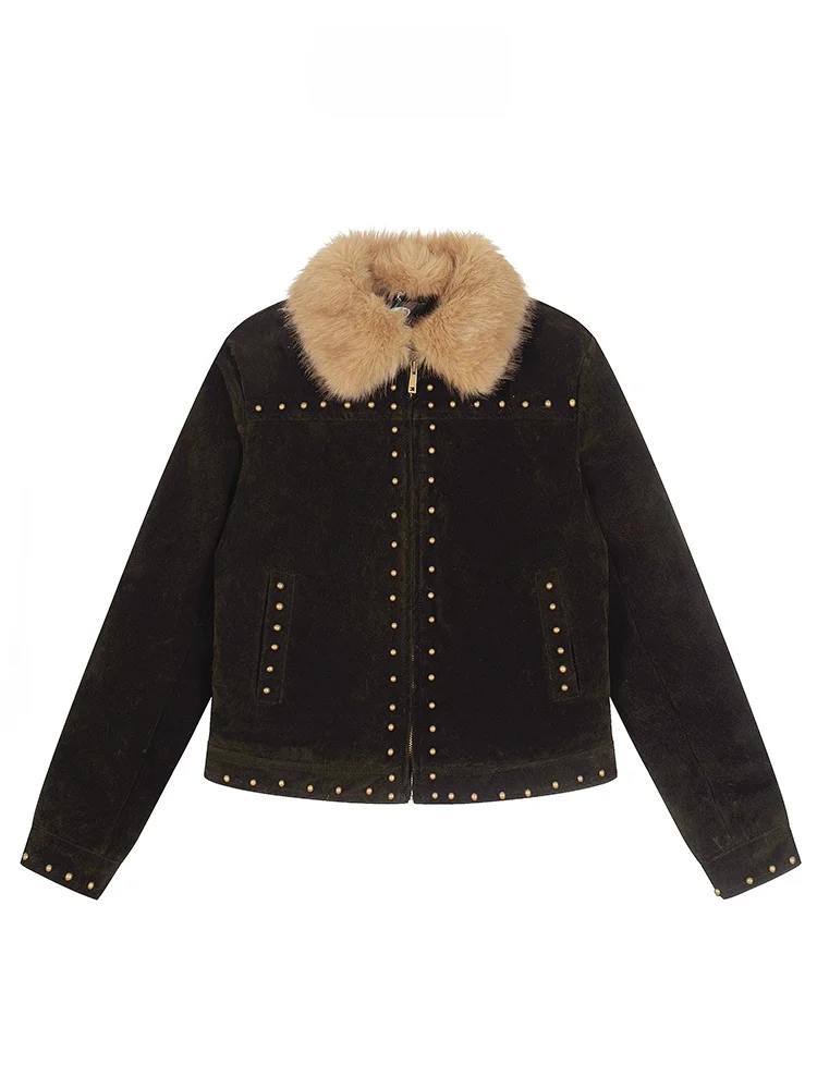 

Ретро-куртка в американском стиле из искусственной кожи с вельветовым воротником, хлопковыми заклепками и теплой подкладкой, с отстегивающимся воротником и отделкой из меха