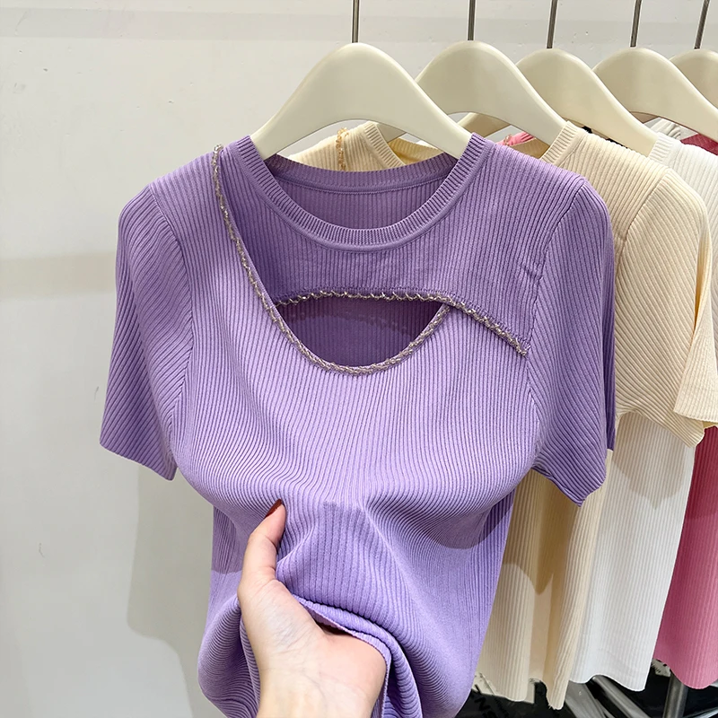 

Slim Knitted T Shirt Women Short Sleeves Top Fashion Hollow Out Tee Shirt Femme Korean Style Woman Clothes 2023 Summer Camisetas