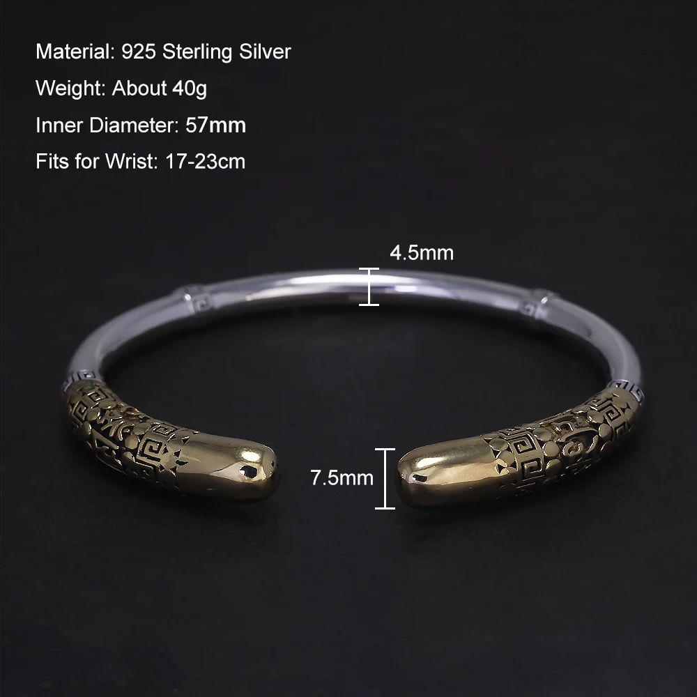 925 Sterling Silver Wukong Bracelet for Men Golden Cudgel with OM Six Words Mantra Monkey King Chinese Mythology Vintage Jewelry