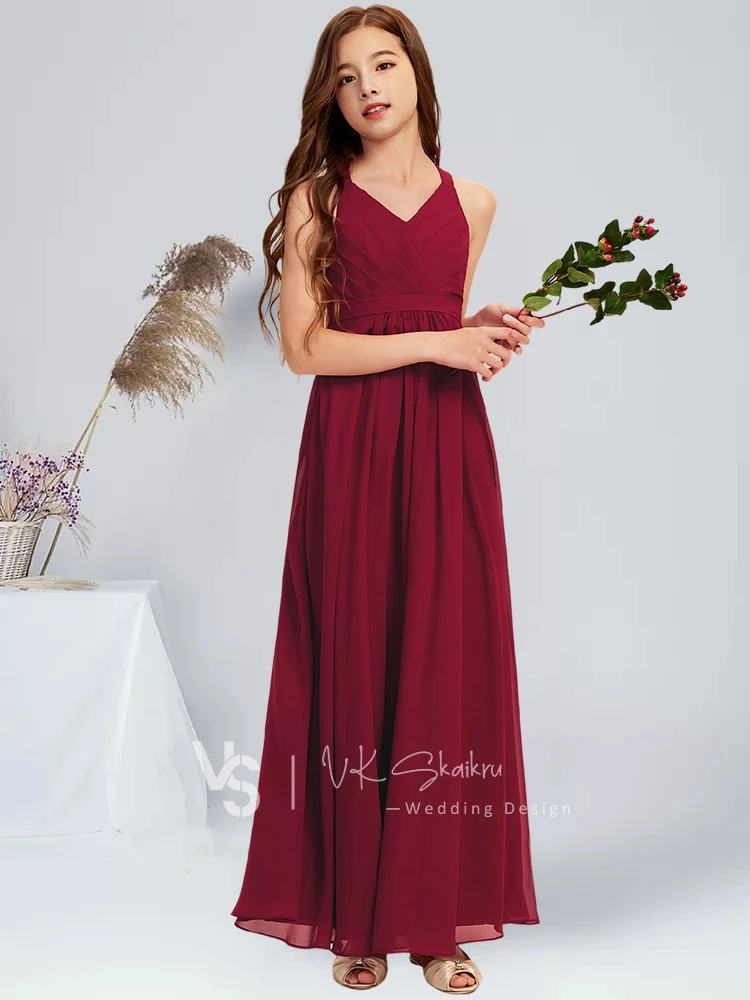 A-Linie, V-Ausschnitt, bodenlang, Chiffon, Junior-Brautjungfernkleid, Burgunderrot, Abschlussfeier, Kleid für Gäste, Blumenmädchenkleid, Hochzeit