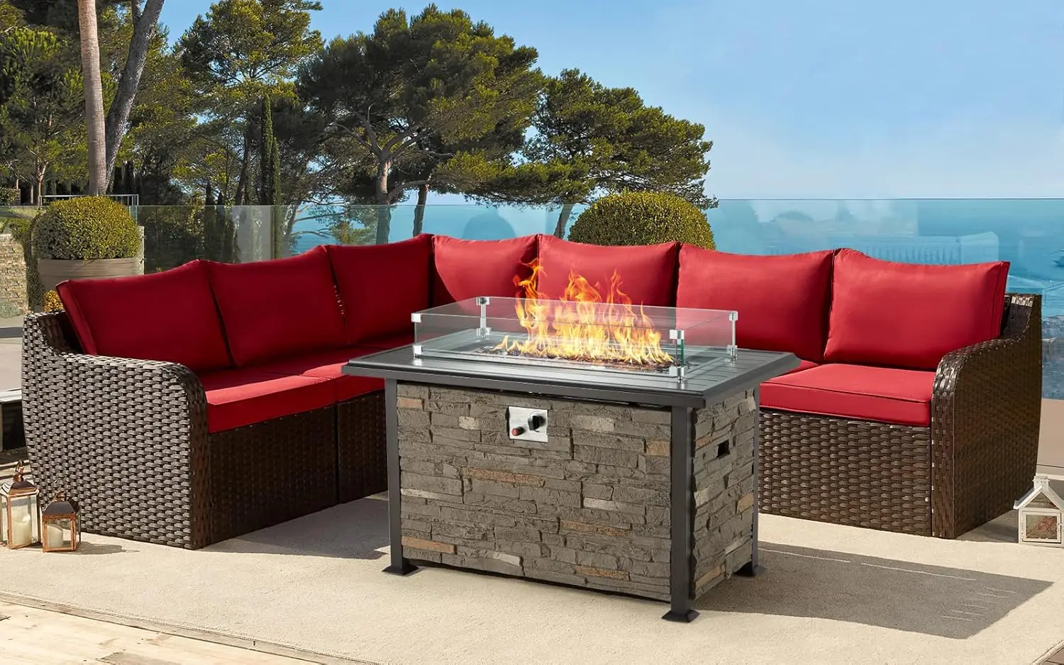 7P Patio Furniture Set with Propane Fire Pit Table,Wicker Sectional Sofa Set w/Coffee Table, 50,000 BTU Fire Table w/Wind Guard