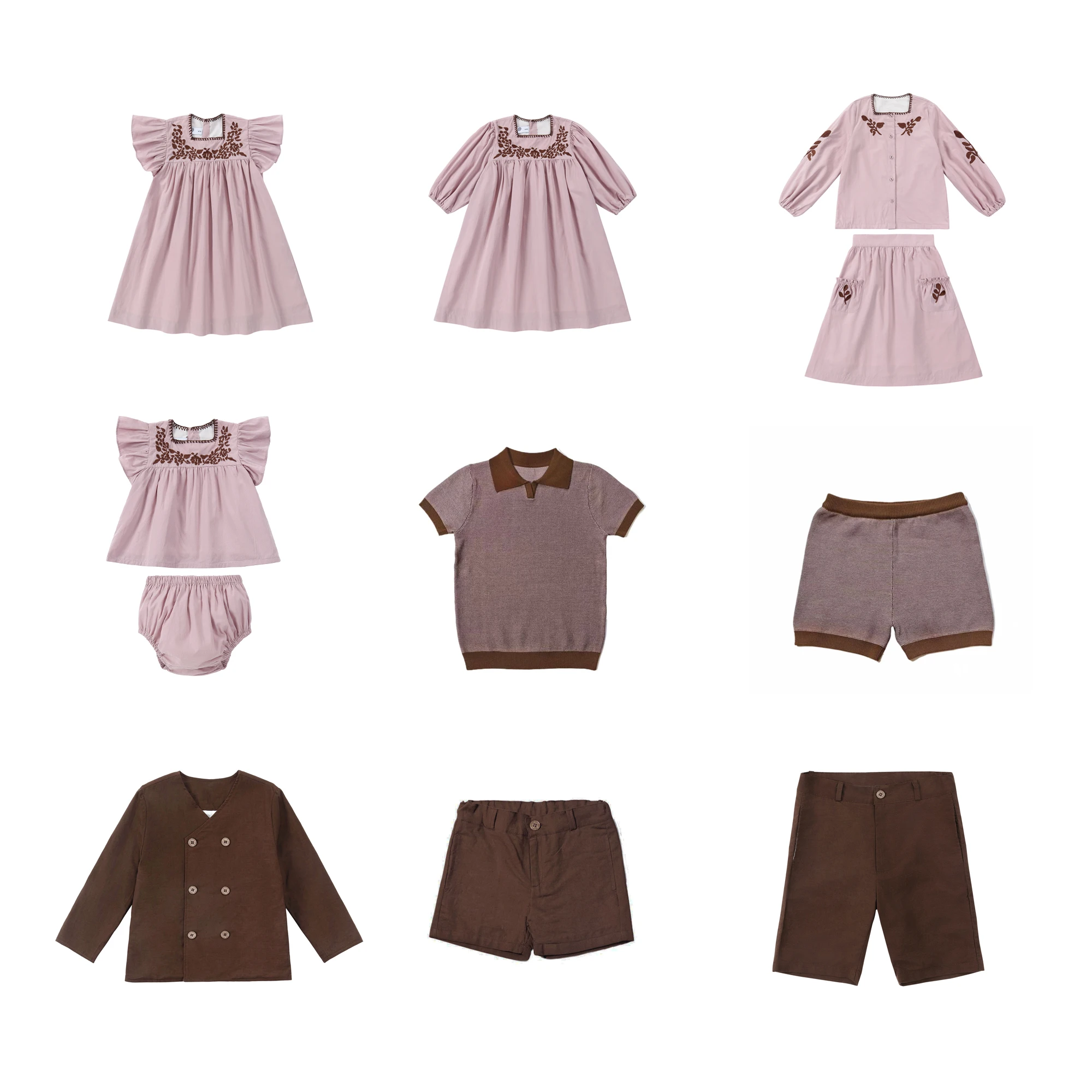 AP Chocolate Collection 2025 Lente Zomer Borduren Familie Bijpassende Kleding Set Meisje Jurk Baby 2 Stuks Blazer Shirt Shorts