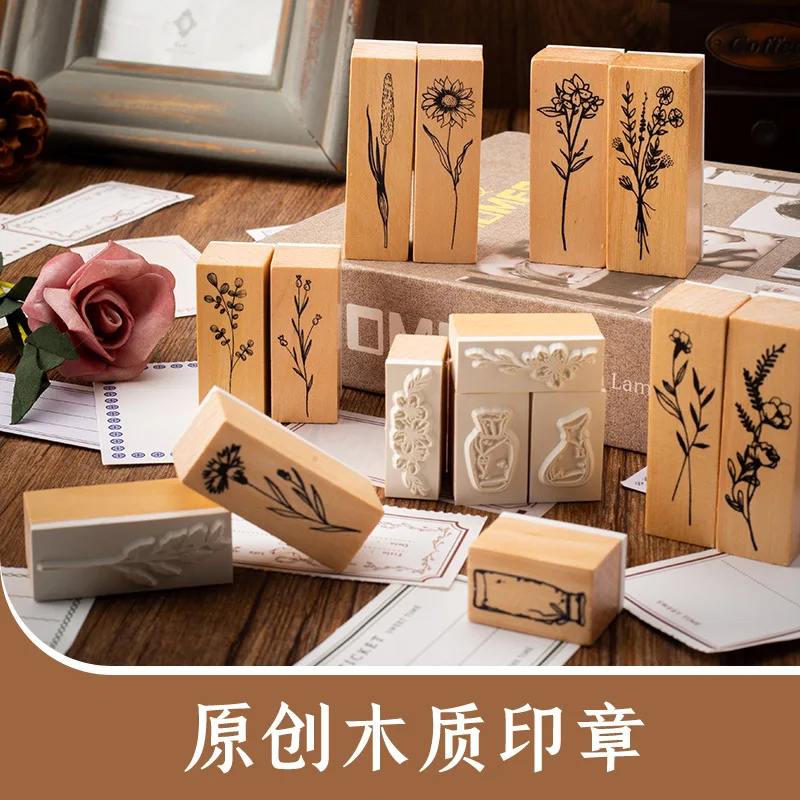 Retro Lotus Wood Combination Set Seal Plant Vase Handbook DIY Photo Album Diary Decorative Stamp 2 Options