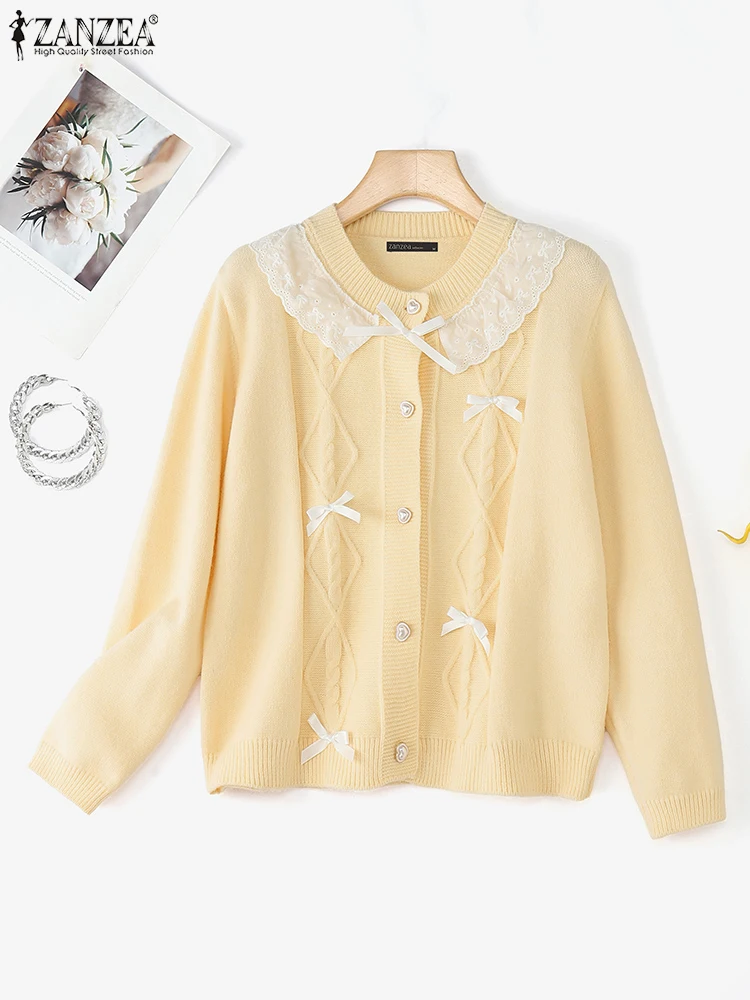 ZANZEA Maglioni accoglienti patchwork in pizzo da donna Sweety Bow dettaglio girocollo manica lunga maglione cardigan con bottoni FW 2025 Nuovo