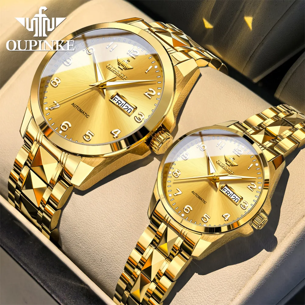 OUPINKE 3323 Couple Imported Mechanical Movement Watch High Luminous Function 50m Waterproof Tungsten Steel Calendar Watch