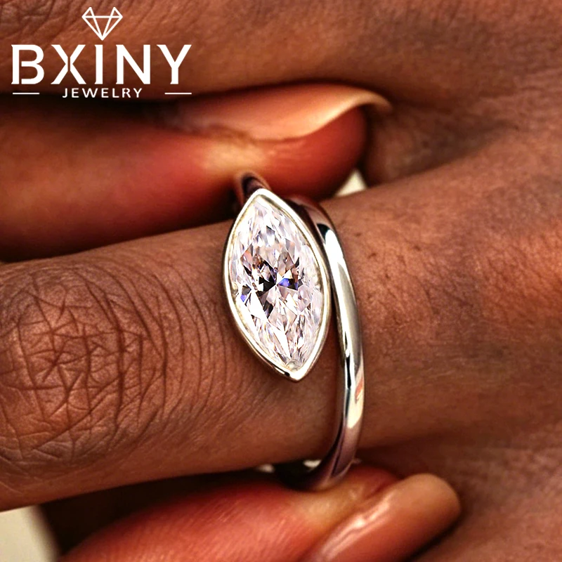 BXINY 1-2Carat Bezel Set Marquise Cut Moissanite Open Ring 925 Sterling Silver for Women Diamond Wrap Band Wedding Gifts Jewelry